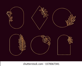 Set of Gold Floral frames for logo template in trending minimal linear style on dark background. Geometric shapes with rose, tropical leaves and olive branches. Vector Emblem