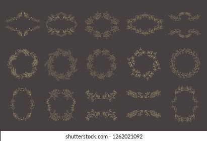 Set of gold floral frames and wreaths with plant. Flower decoration for greeting card. Vinage border.