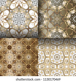 Set of gold floral seamless patterns. Flourish tiled oriental ethnic background.  Elegant Decorative ornament for wallpaper, fabric, paper, invitation.