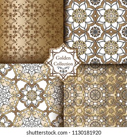 Set of gold floral seamless patterns. Victorian damask seamless pattern. Elegant Decorative ornament for wallpaper, fabric, paper, invitation.