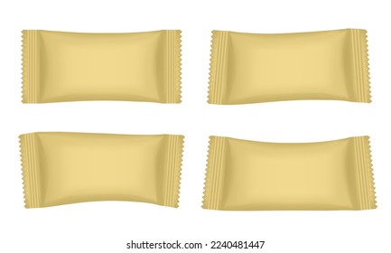Set of gold flow packs. Chocolate bar or ice cream wrapper. Silver foil bag. Realistic 3d mockup of a flow pack or sachet. Pouch	