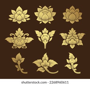 Set gold flower asian element and background pattern decoration motifs for ceiling pattern, flyers, poster, web, banner, and card concept vector illustration