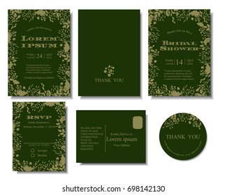 Set of Gold flowers Frame Greeting on Green Wedding Invitation card.Minimalist Concept.Can be used Birthday Card,Business Card,Thank you card,ETC.Vector/Illustration