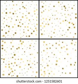 Set of Gold flying stars confetti magic christmas vector, premium sparkles stardust border backgrounds. Holiday party decor, Christmas stars backgrounds, flying gold sparkles confetti on white. 4 in 1