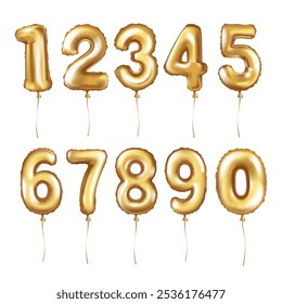 Set of gold foil latex balloons. Numbers. Helium balloon, golden. Realistic vector illustration for holiday, birthday, festival