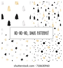 Set of gold foil seamless patterns with Christmas trees and stars for Christmas and New Year's wrapping paper. Vector illustration.
