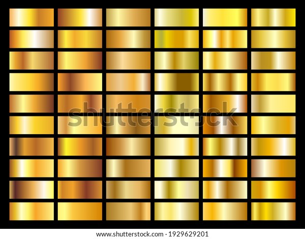 Set of gold foil\
texture background. Golden, copper, brass and metal gradient\
template. Vector\
illustration