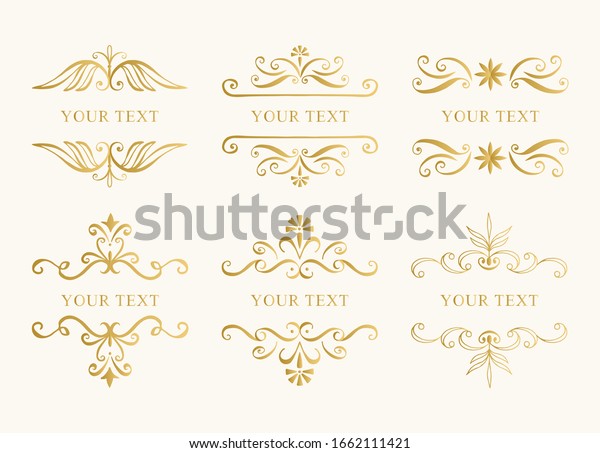 Set of gold foil vintage\
frames and borders. Flourishes and filigrees. Vector illustration\
clip art.