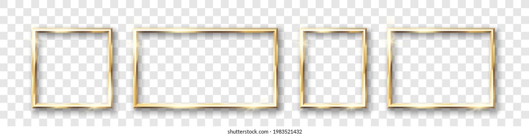 Set of gold frame banner. Different size of borders with glowing golden frame. Realistic square 3d shiny display mockup. 3d vector illustration