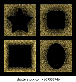 Set Gold frame. Golden Square, Oval, Star Frame on black background. Gold glitter background. Template for holiday designs, invitation, party, birthday, wedding. Vector illustration, EPS10. 
