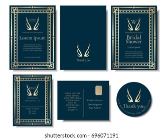 Set of Gold frame on Green blue Wedding Invitation card. Arab concept.Vector/Illustration
