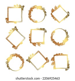 Set of gold frame silhouettes with flowers and twigs, hand-drawn elements in cartoon style. Flowers. Golden gradient. Templates for greeting cards. Vector images of plants on white background. 