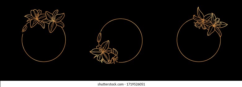 Set von Gold Rahmen Vorlage Lily Flower und Monogramm Konzept in minimalem linearen Stil. Vektorflorales Logo mit Kopienraum für Brief oder Text. Emblem für Kosmetik, Mode, Schönheit
