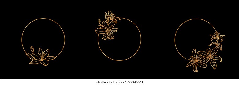 Set of Gold frame template Lily Flower and monogram concept in minimal linear style. Vector floral logo with copy space for letter or text. Emblem for Cosmetics, Fashion, Beauty, invitation