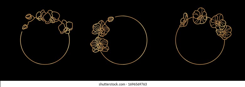 Set of Gold frame template Orchid Flower and monogram concept in minimal linear style. Vector floral logo with copy space for letter or text. Stamp for Cosmetics, Medicines, Food, Fashion, Beauty
