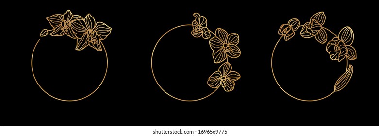 Set of Gold frame template Orchid Flower and monogram concept in minimal linear style. Vector floral logo with copy space for letter or text. Emblem for Cosmetics, Medicines, Food, Fashion, Beauty