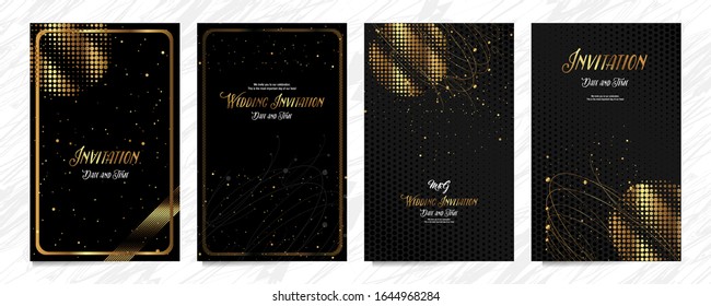 Set of gold frames black glitter effect on dark background. Trending style wedding design, modern graphic.