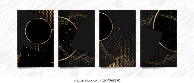 Set of gold frames black glitter effect on dark background. Trending style wedding design, modern graphic.