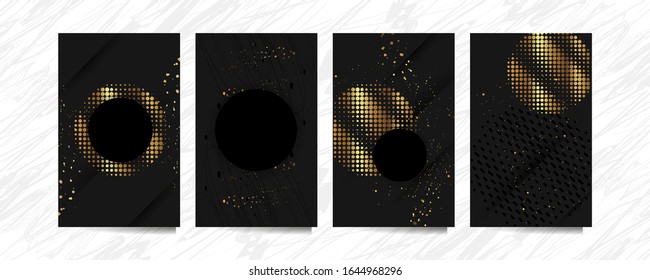 Set of gold frames black glitter effect on dark background. Trending style wedding design, modern graphic.