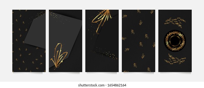 Set of gold frames black glitter effect on dark background artistic covers design colorful realistic texture modern