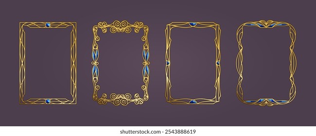Conjunto de marcos dorados decorados con piedras de joyería. Marco de Plantilla de formato A4, marco de oro elegante grabado con un adorno de patrón. Líneas refinadas suaves, boho, estilo de lujo, celebración, boda.
