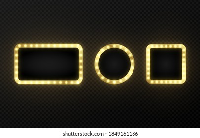 Set of gold frames. Glowing frames on an isolated transparent background. Winner banners. Shining golden frames.
