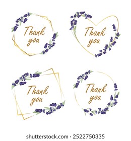 A set of gold frames with lavender on a white background. The inscription "thank you". Vector illustration.