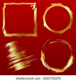 Set of gold frames made of brush strokes. Square and round frames on a red background. Vector image.