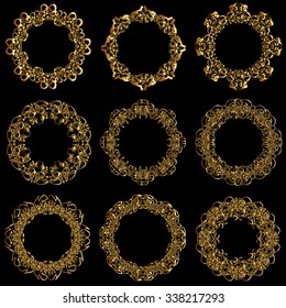 A set of gold frames. Gold menu and invitation border, frame,divider,page decor. Luxury style calligraphic.