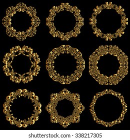 A set of gold frames. Gold menu and invitation border, frame,divider,page decor. Luxury style calligraphic.