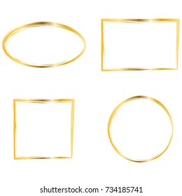 Set Of Gold Frames. Simple Golden Design. Oval, Round, Rectangle, Square Frames. Gold Border, Isolated On White Background. Vector Illustration