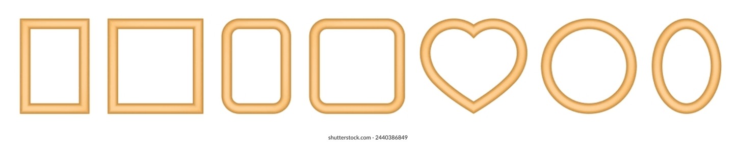 Set of gold frames. Square, rectangular, round, oval and heart-shaped pictures. Rounded angles. Poster or painting mockup on a transparent background. 3d photo frame