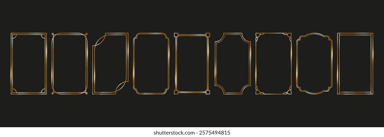 set gold frames thin linear geometric shape. elegant rectangular borders on dark background