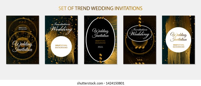 Set of gold frames wedding invitations black glitter effect on dark background artistic covers design colorful realistic texture modern graphic