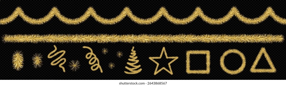 Set of gold garland, tinsel. Parts isolated on black background. Decorations for carnival, Christmas party, New Year holidays. Vector illustration