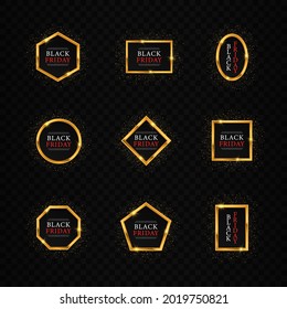 Set of gold geometric frames for Black Friday. Gold shiny glowing frame for sales. Discounts, sales, best price, new offer.