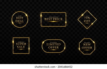 Set of gold geometric frames for Black Friday. Gold glittering frames for sales. Discounts, sales, best price, new offer.