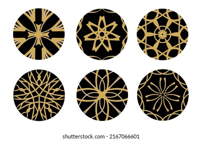 Set of Gold Geometric and Hand Drawing Ornaments with Tribal Shape in black circles. Designed in Ikat, Boho, Aztec, Folk, Motif, Gypsy, and Arabic Style. Elements for your design. Vector Illustration.