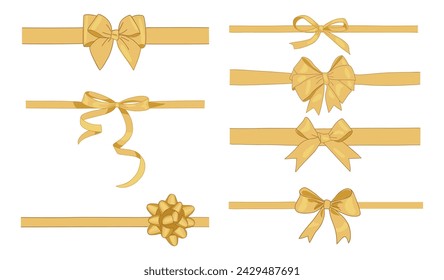 Set of gold gift ribbon bows different shapes.