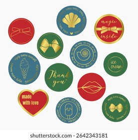 Сute set of gold gift stickers in round shape for gifts with outline hand drawn bow, lips, heart with inscription, colorful trendy label, vector illustration EPS10. Element for wrapping paper, logo