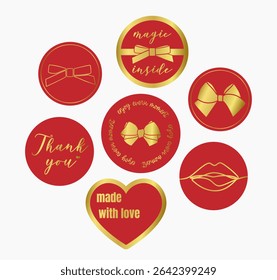 Сute set of gold gift stickers in round shape for gifts with outline hand drawn bow, lips, heart with inscription, red trendy label, vector illustration EPS10. Element for wrapping paper, logo