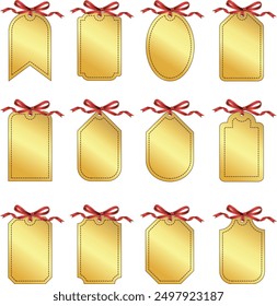 Set of gold gift tags with red bow and gold trim