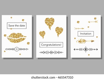 Set of gold glitter abstract designs and linear hipster elements. Invitation, greeting card, poster design templates.