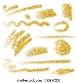 Set Of Gold Glitter Brush Strokes With Sparkles On White Background