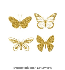 Set gold glitter butterflies. Beautiful spring, summer golden sequins silhouettes on white background. Icons different shapes wings, for fashion, ornaments, tattoo. Vector illustration.