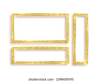 Set of gold glitter frames with sparkles on white background