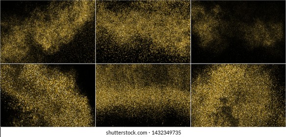 Set of Gold Glitter Halftone Dotted Backdrop. Abstract Circular Retro Pattern. Pop Art Style Background. Golden Explosion of Confetti. Digitally Generated Image. Vector Illustration, EPS 10.  