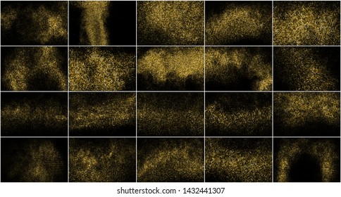 Set of Gold Glitter Halftone Dotted Backdrop. Abstract Circular Retro Pattern. Pop Art Style Background. Golden Explosion of Confetti. Digitally Generated Image. Vector Illustration, EPS 10.  
