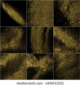 Set of Gold Glitter Halftone Dotted Backdrop. Abstract Circular Retro Pattern. Pop Art Style Background. Golden Explosion of Confetti. Digitally Generated Image. Vector Illustration, EPS 10.  