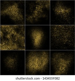 Set of Gold Glitter Halftone Dotted Backdrop. Abstract Circular Retro Pattern. Pop Art Style Background. Golden Explosion of Confetti. Digitally Generated Image. Vector Illustration, EPS 10.  